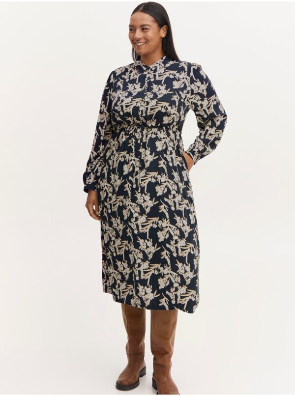 Cream-blue floral shirt midi dress with tie Fransa - Women's