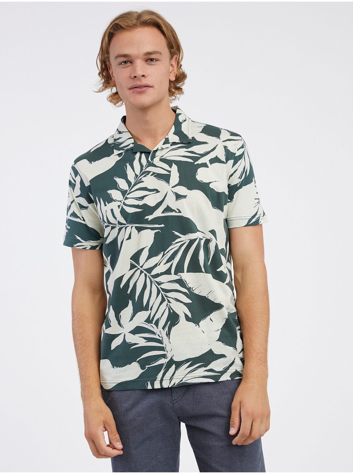 Cream-green men's flowered polo shirt LERROS - Men