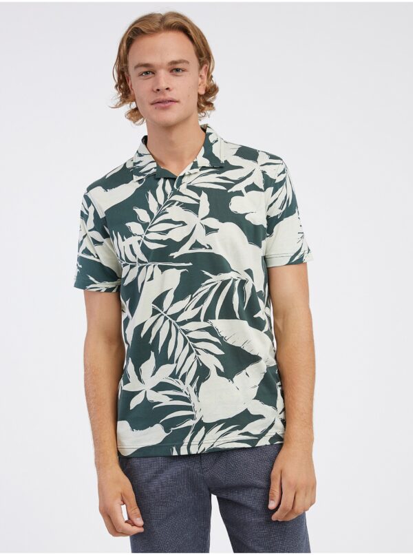 Cream-green men's flowered polo shirt LERROS - Men