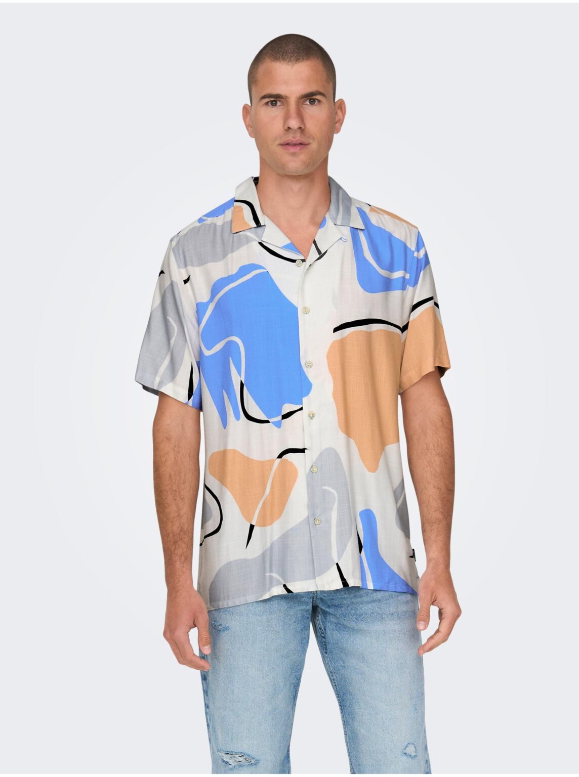 Cream men's patterned shirt with short sleeves ONLY & SONS Dab - Men's