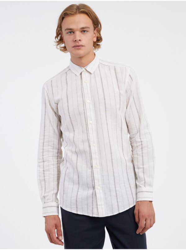 Cream men's striped shirt with linen blend ONLY & SONS Caiden - Men's