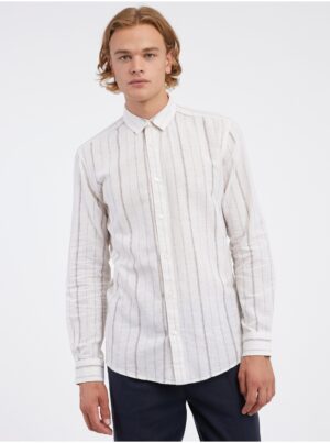 Cream men's striped shirt with linen blend ONLY & SONS Caiden - Men's