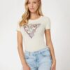 Cream women's T-shirt with Guess logo - Women's