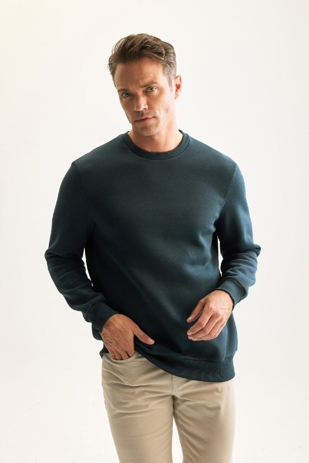 DEFACTO 3 Thread Cotton Raised Polar Fleece Regular Fit Crew Neck Thick Sweatshirt