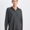 DEFACTO Anthracite Relax Fit Polo Collar Casual Ribbed Camisole Long Sleeve T-Shirt