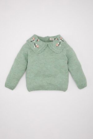 DEFACTO Baby Girl Green Floral Large Collar Knitwear Sweater