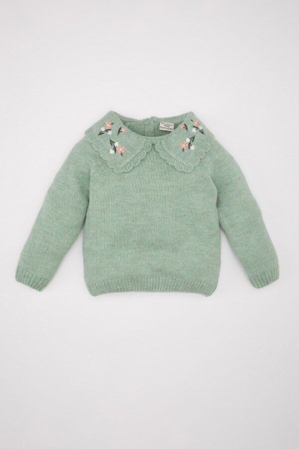 DEFACTO Baby Girl Green Floral Large Collar Knitwear Sweater