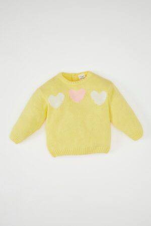 DEFACTO Baby Girl Heart Patterned Crew Neck Knitted Sweater