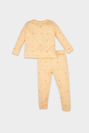 DEFACTO Baby Girl Pajama Set Food Printed Waffle Long Sleeve Top Long Bottom