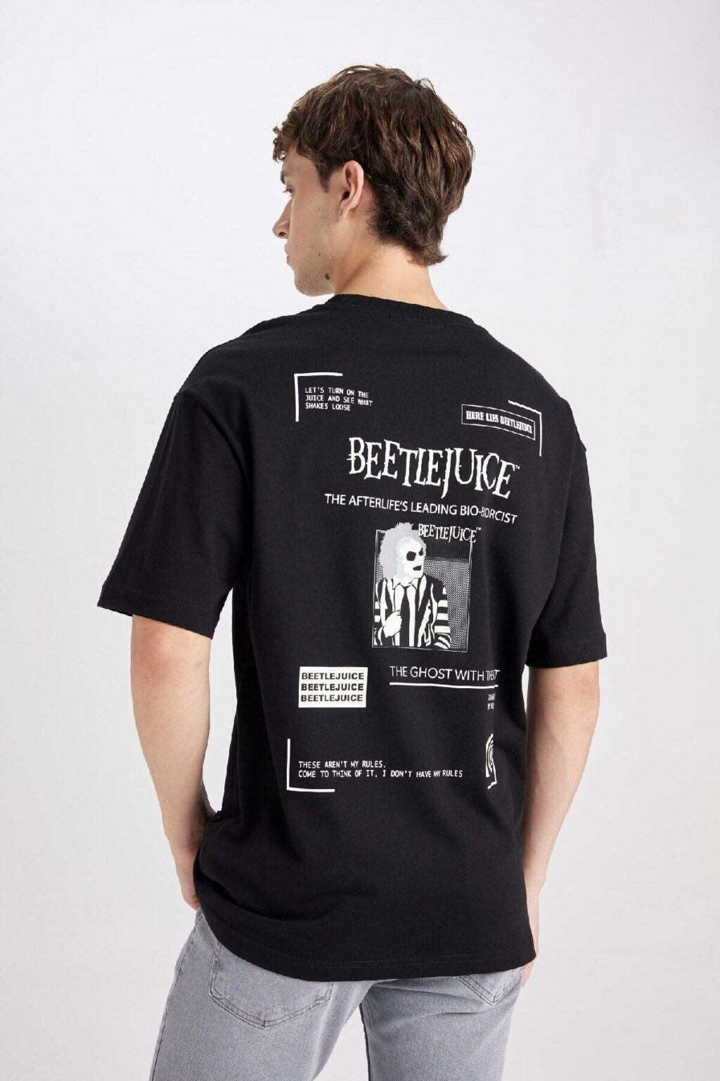 DEFACTO Beetlejuice (1988) Black Boxy Fit Crew Neck Back Printed Cotton Short Sleeve T-Shirt