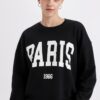 DEFACTO Black Loose Fit Crew Neck Printed Thick Sweatshirt