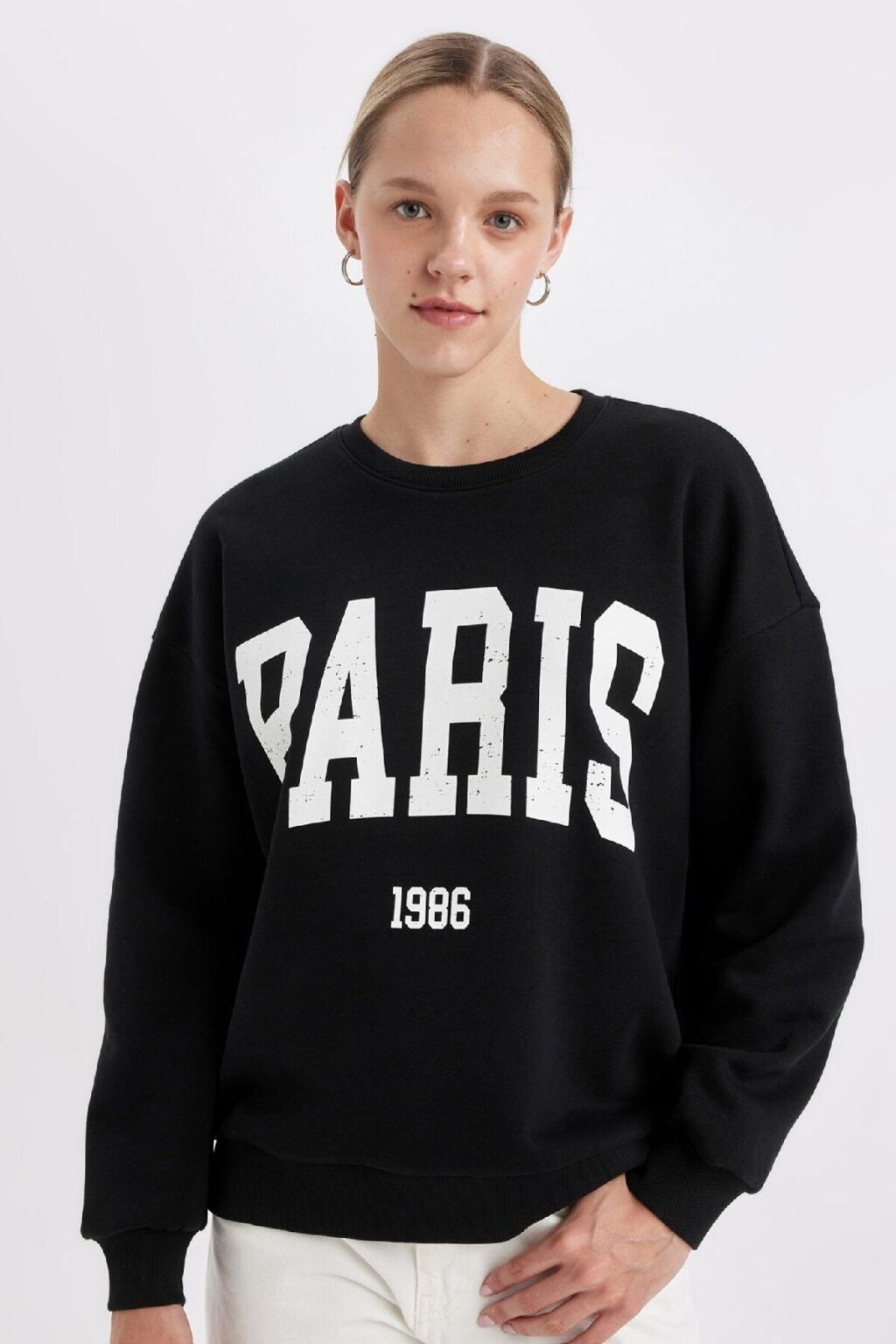 DEFACTO Black Loose Fit Crew Neck Printed Thick Sweatshirt