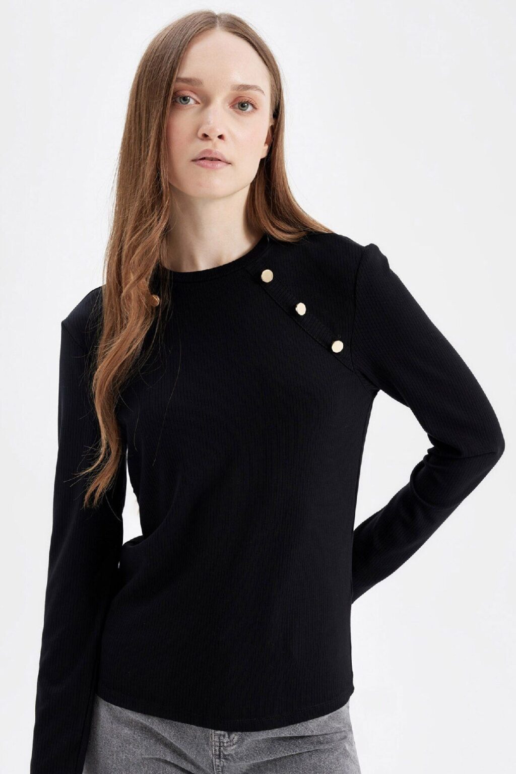 DEFACTO Black Ribbed Camisole Buttoned Long Sleeve Basic Plain T-Shirt Tunic