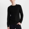 DEFACTO Black Standard Fit Regular Cut Crew Neck Jacquard Aviator Knitwear Sweater