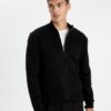 DEFACTO Black Standard Fit Regular Cut Stand Collar Zippered Knitwear Cardigan