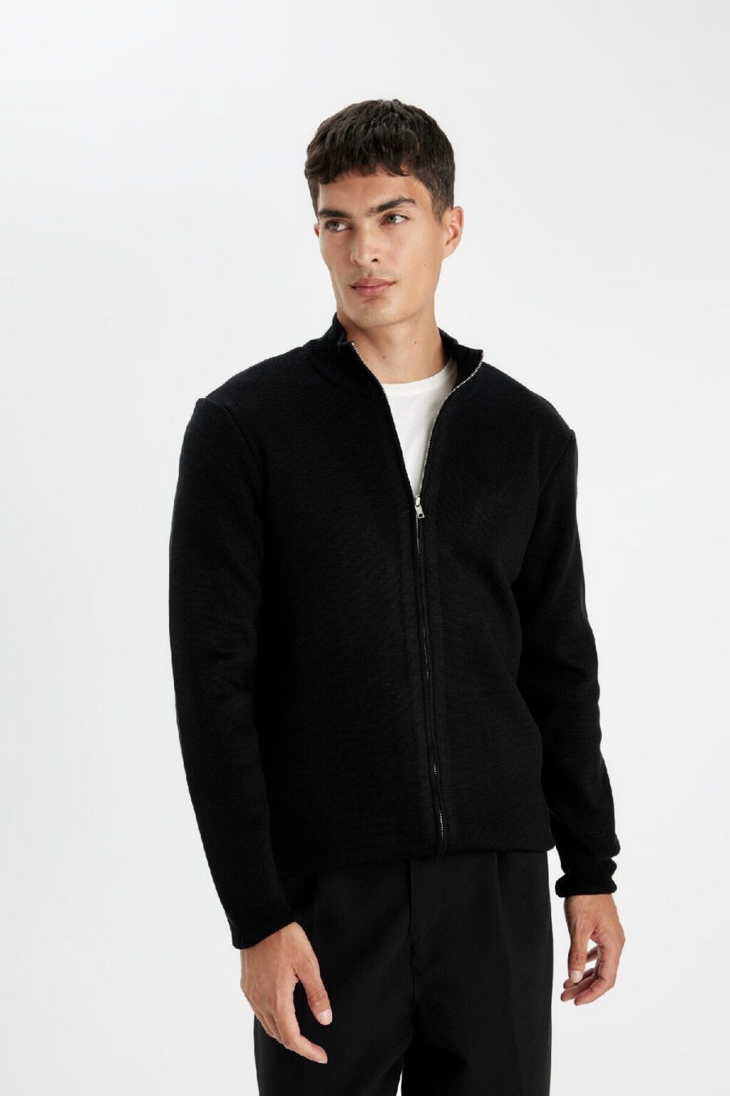 DEFACTO Black Standard Fit Regular Cut Stand Collar Zippered Knitwear Cardigan