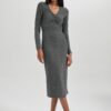 DEFACTO Bodycon Basic Plain Bodycon V Neck Sequined Fabric Midi Long Sleeve Dress