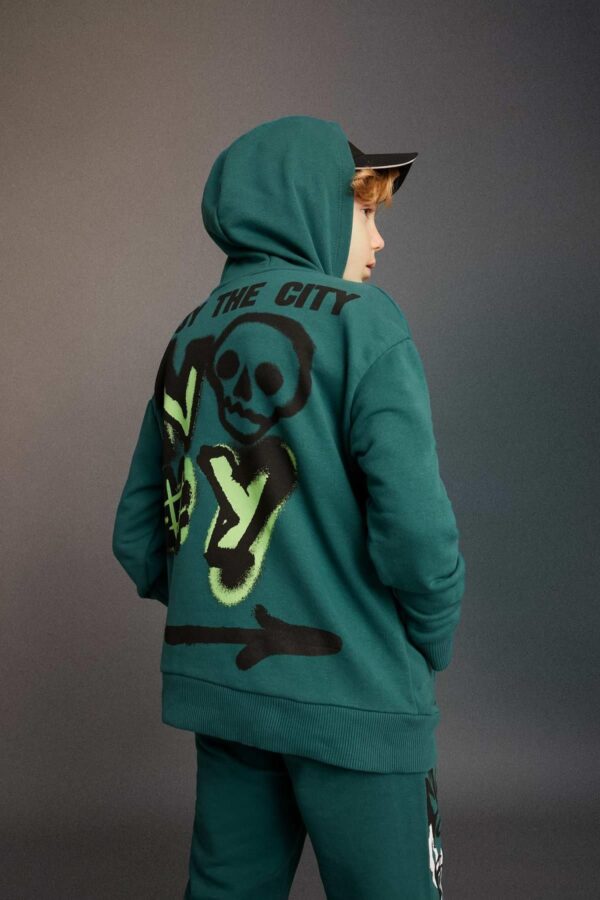 DEFACTO Boy Oversize Wide Pattern Back Printed Hooded Sweatshirt