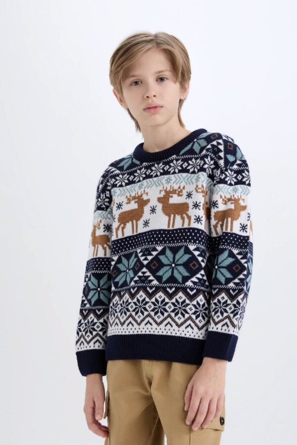 DEFACTO Boy's Crew Neck Christmas Themed Knitwear Sweater