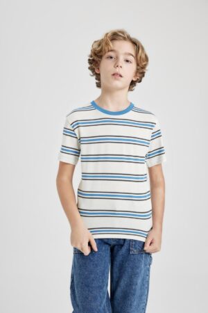 DEFACTO Boys' Crew Neck Striped Short Sleeve T-Shirt