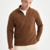 DEFACTO Brown Non-Pilling Cold-Proof Regular Fit Stand-Up Collar Zippered Polar Fleece Sweatshirt