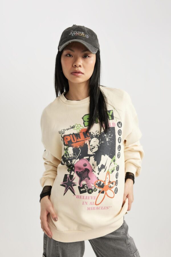 DEFACTO Coool Oversize Wide Pattern Crew Neck Back Printed Thick Fabric Sweatshirt