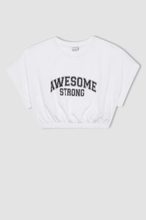 DEFACTO Fit Crop Crew Neck Printed Sports Short Sleeve T-Shirt