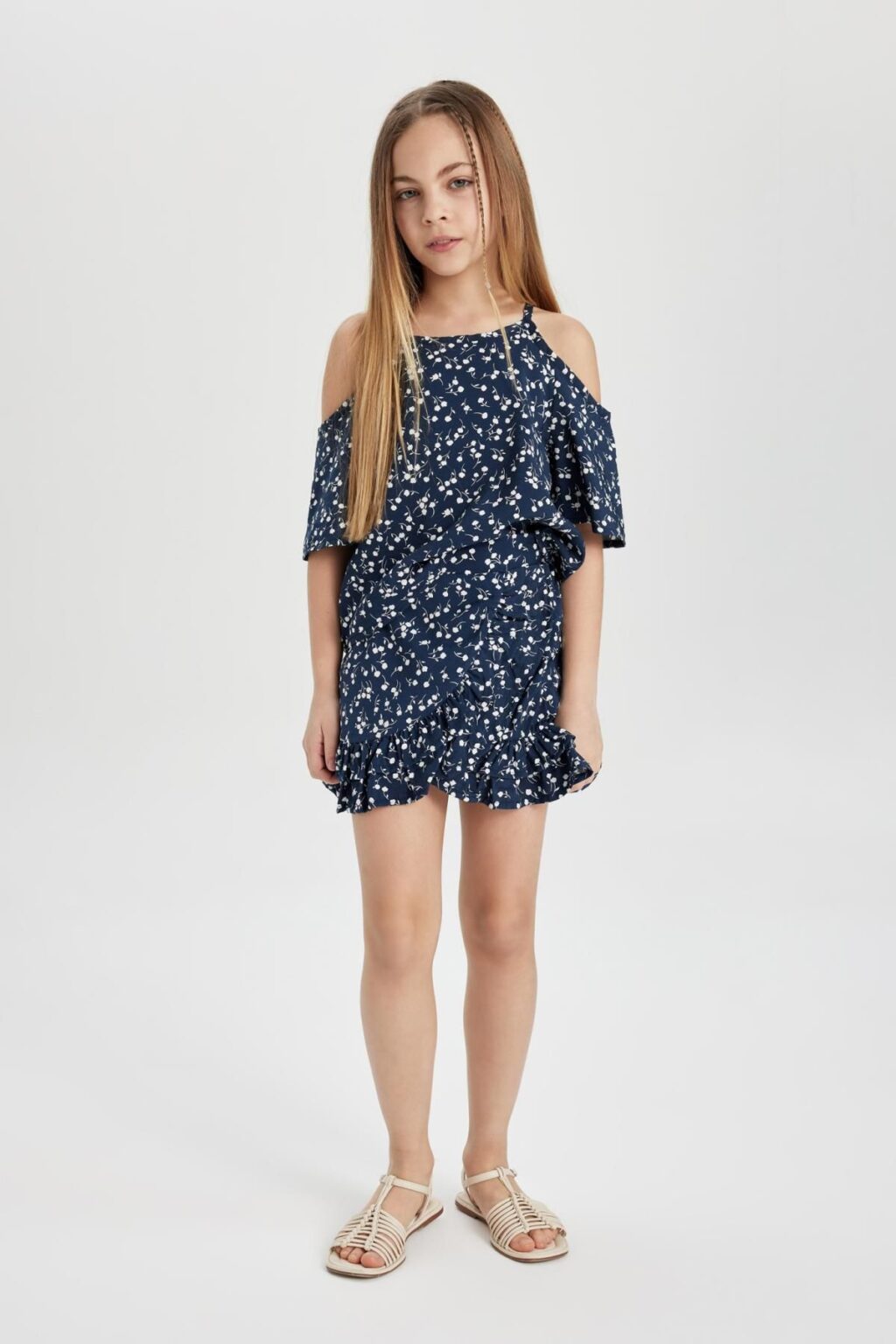 DEFACTO Girl 2-Piece Set Patterned Short Sleeve Blouse Top Elastic Waist Skirt Bottom
