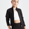 DEFACTO Girl Basic Plain Zipper Pocket Stand Collar Black Cardigan