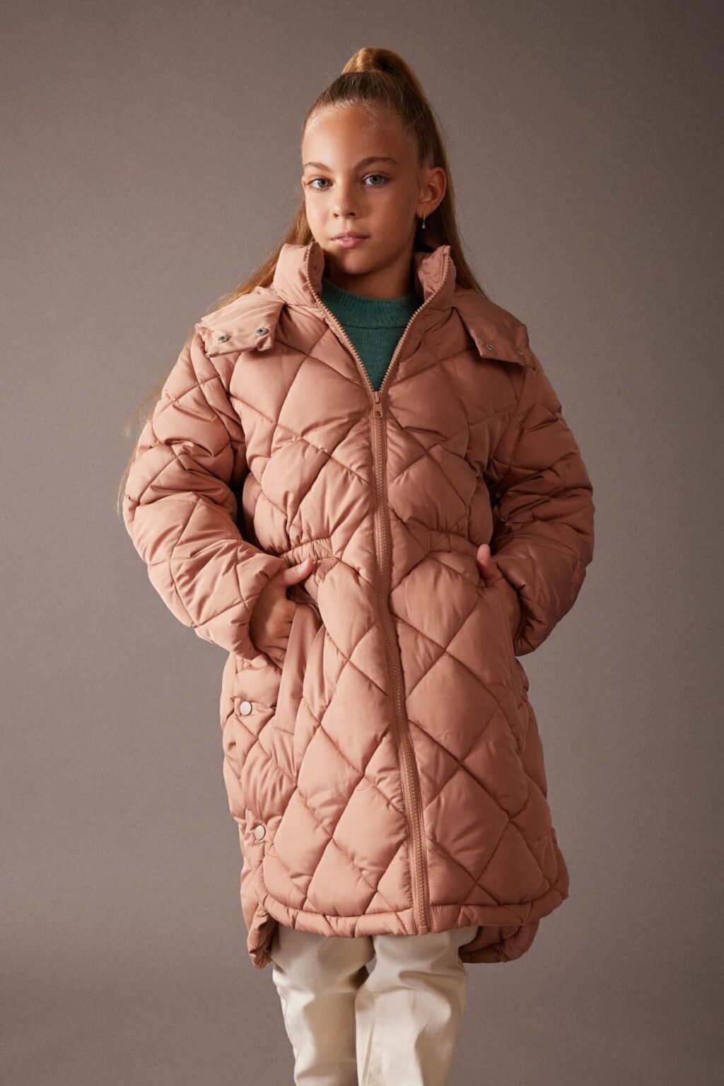 DEFACTO Girl's Water Repellent Hooded Quilted Long Coat
