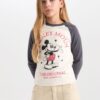 DEFACTO Girls Disney Mickey & Minnie Crop Crew Neck Ribbed Camisole Long Sleeve T-Shirt