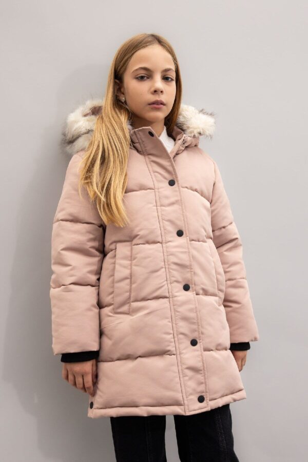 DEFACTO Girls Hooded Detachable Hood Faux Fur Zipper Snap Closure Long Coat Parka