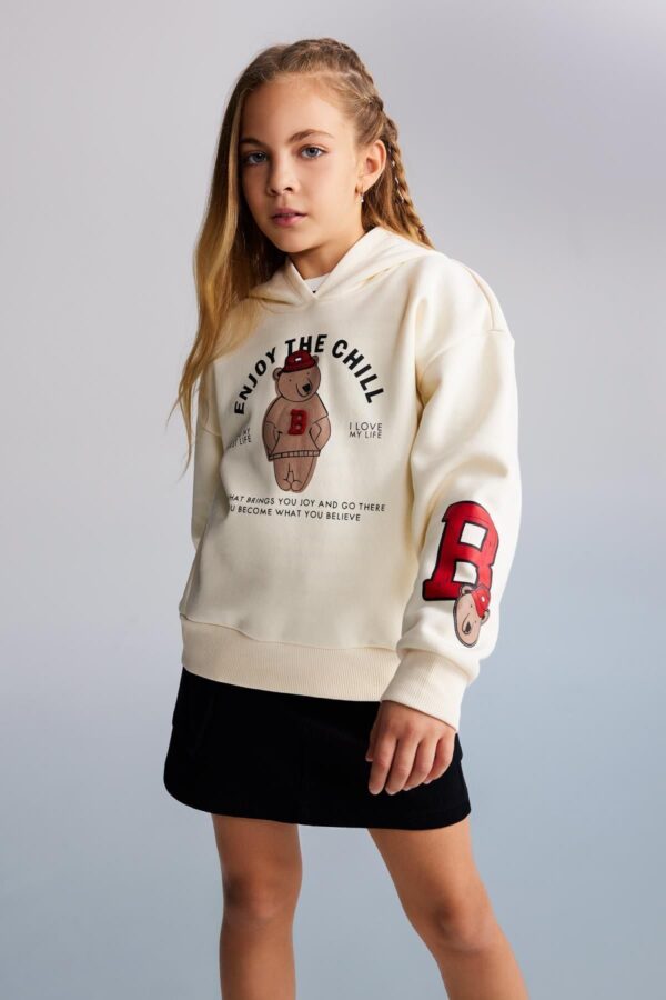 DEFACTO Girls' Hooded Printed Soft Fluffy Thick Sweatshirt