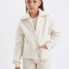 DEFACTO Girls Knitwear Basic Stand Collar Pocket Zippered Ecru School Cardigan