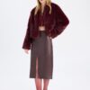 DEFACTO High Waist Combed Cotton Lined Slit Midi Faux Leather Burgundy Pencil Skirt