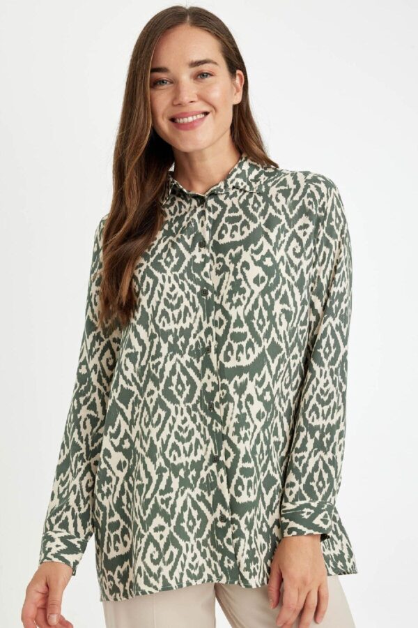 DEFACTO Loose Fit Shirt Collar Patterned Long Sleeve Shirt Tunic