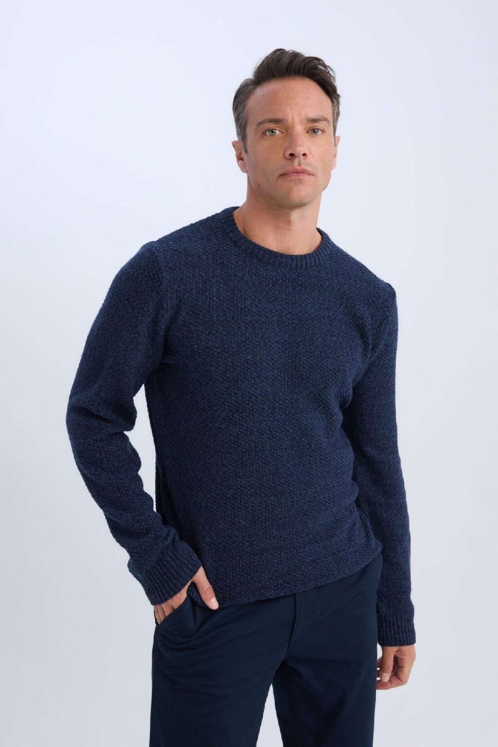 DEFACTO Navy Blue Standard Fit Regular Cut Crew Neck Textured Basic Plain Knitwear Sweater