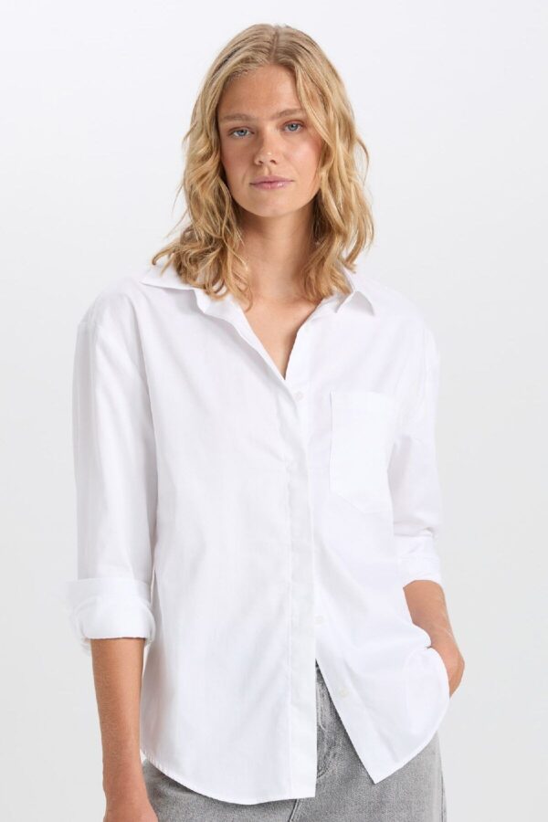 DEFACTO Oversize Wide Fit Pocket Basic Plain Poplin Long Sleeve White Shirt