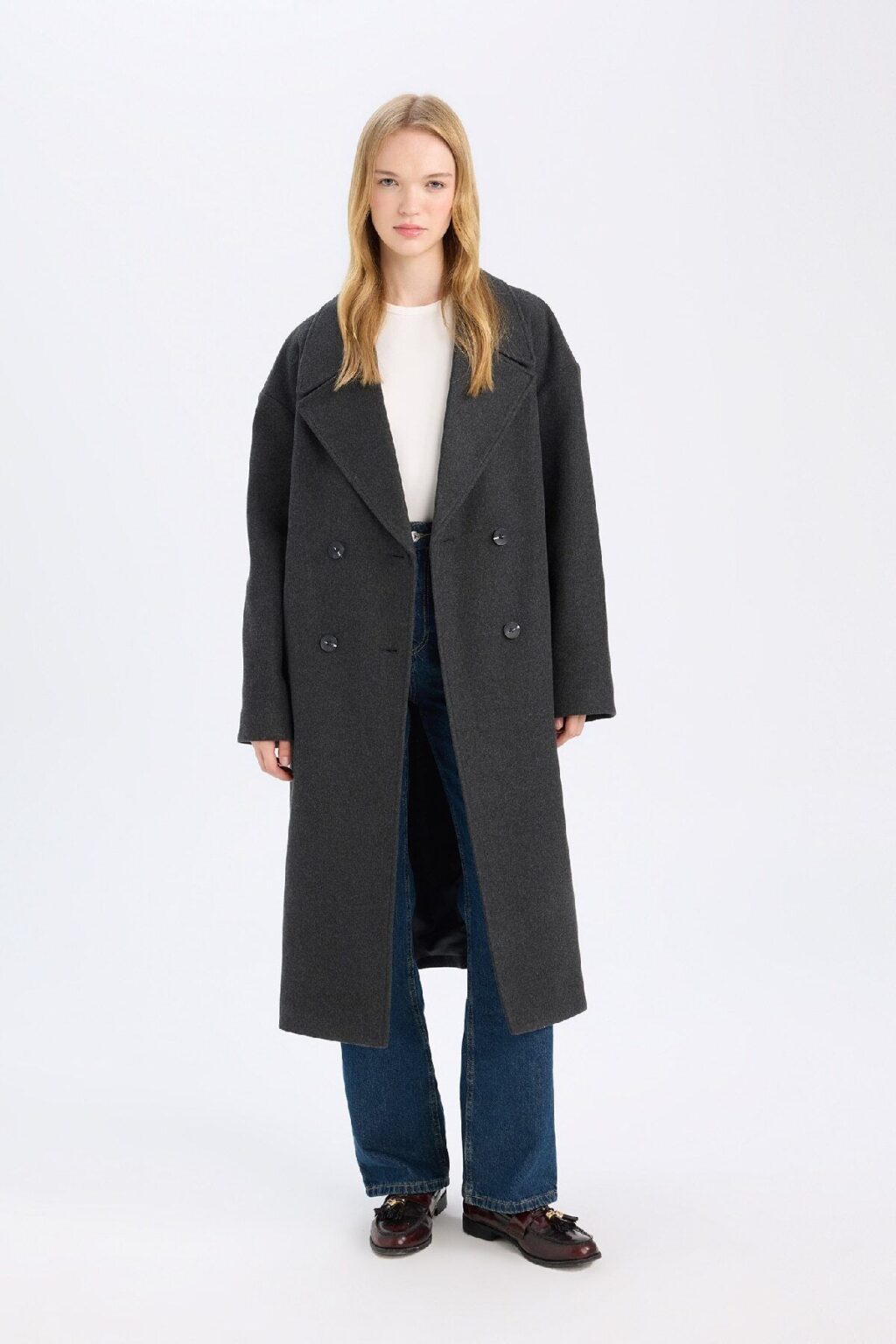DEFACTO Oversize Wide Mold Jacket Collar Buttoned Long Cashmere Coat