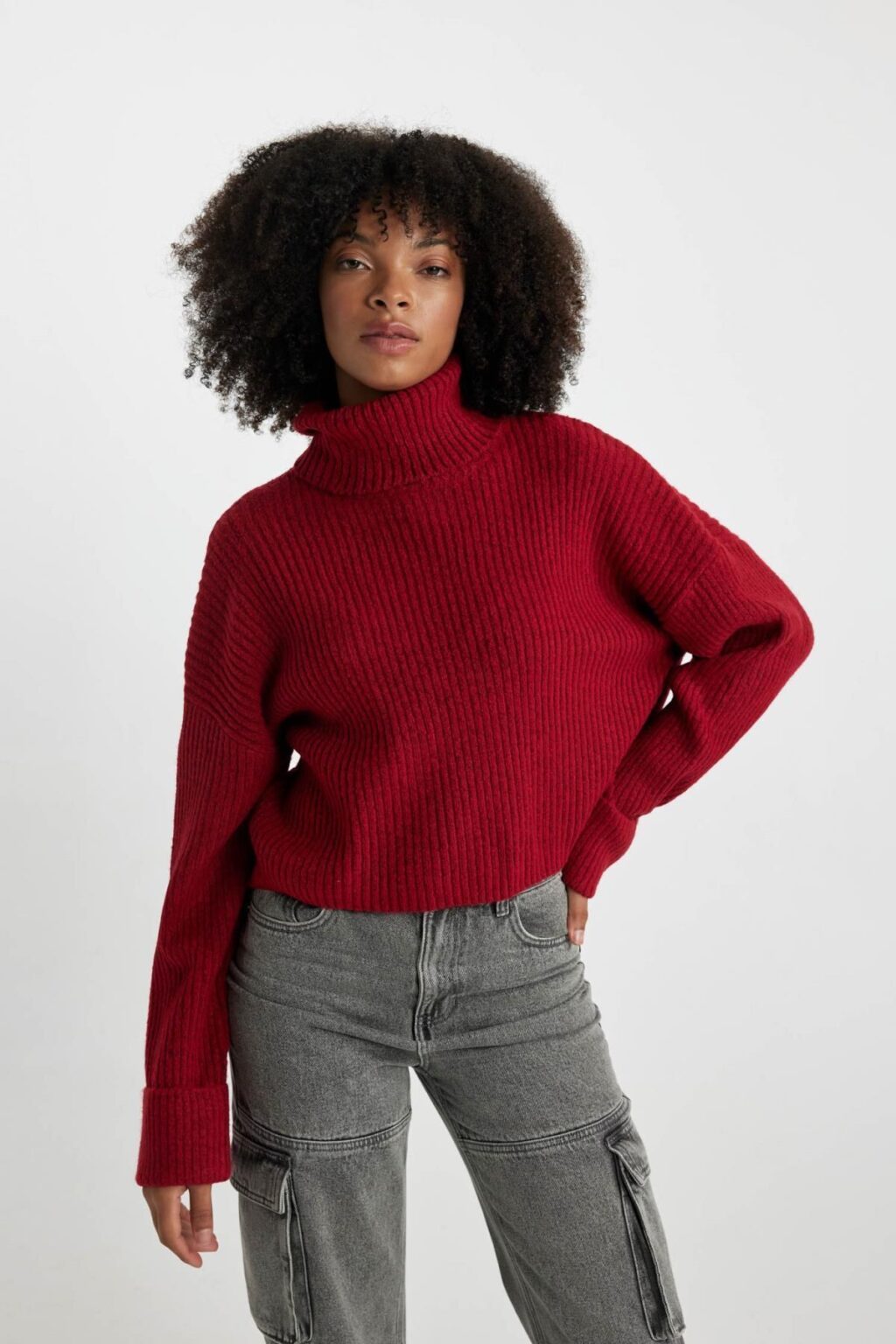 DEFACTO Oversize Wide Pattern Red Turtleneck Knitwear Sweater