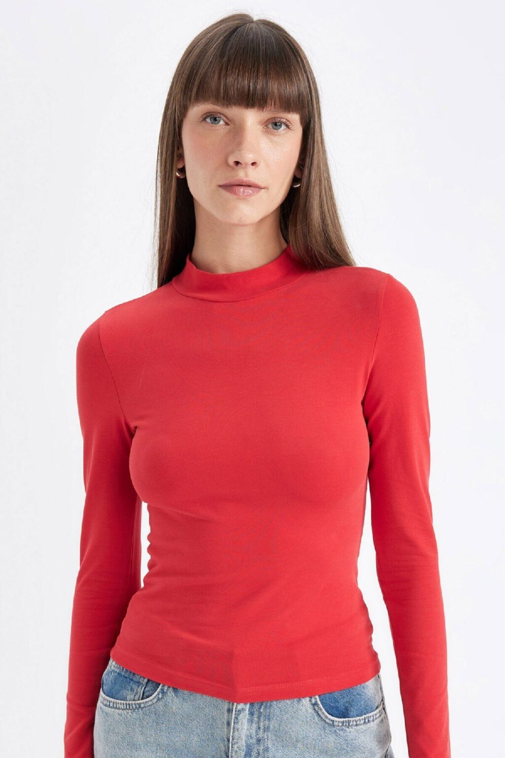 DEFACTO Red Slim Fit Slim Fit Half Turtleneck Casual Basic Plain Long Sleeve T-Shirt