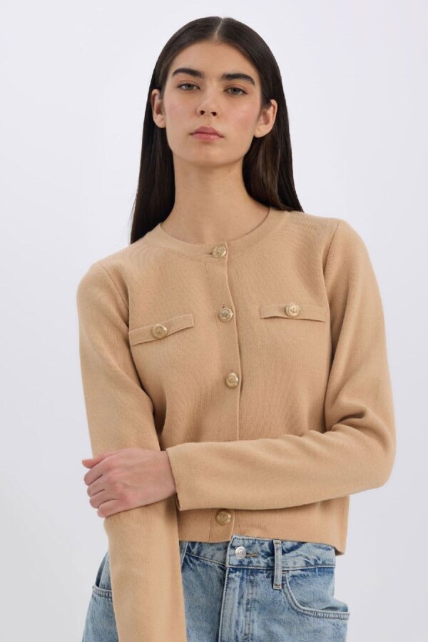 DEFACTO Regular Fit Crew Neck Basic Plain Gold Metal Buttoned Knitwear Cardigan