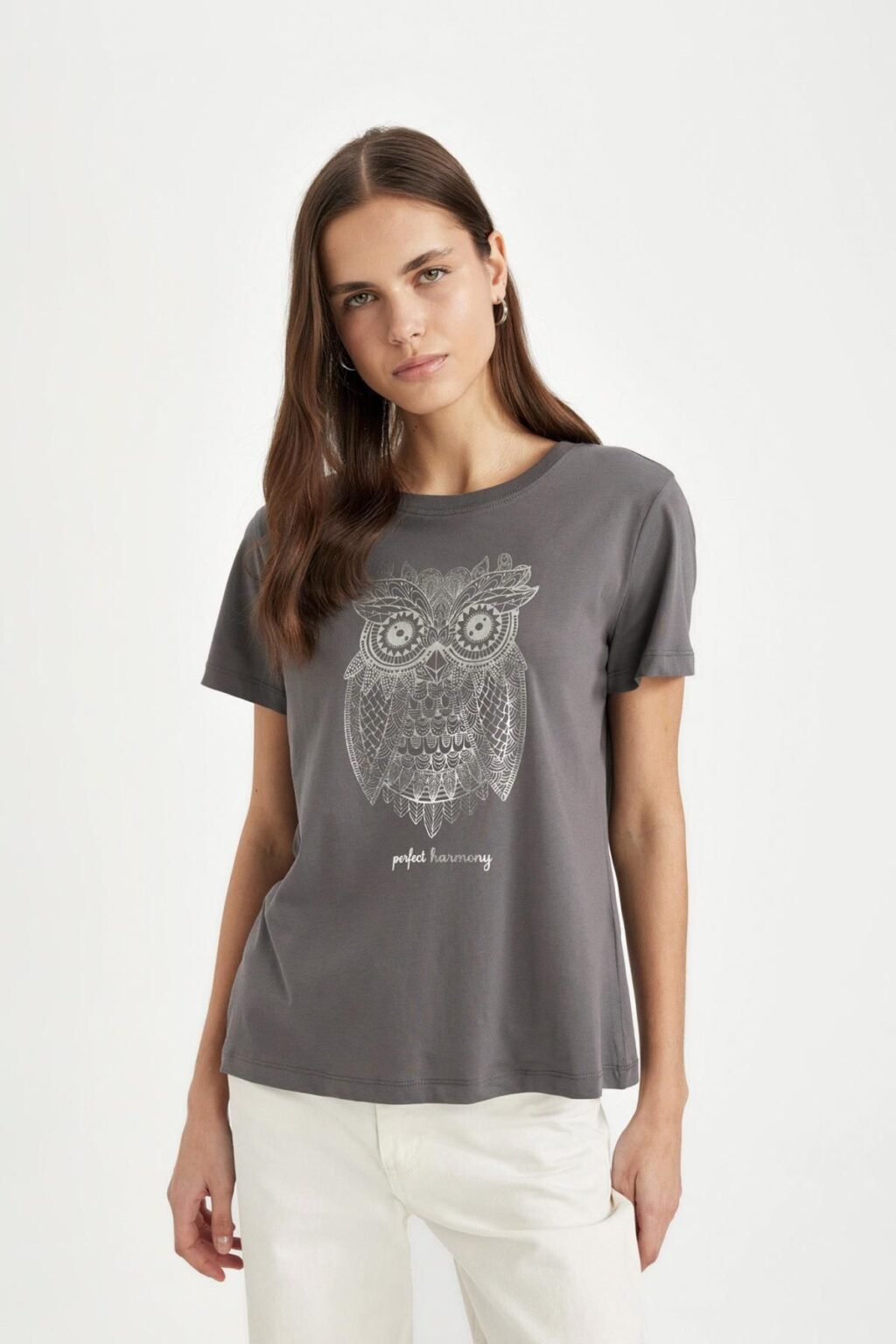 DEFACTO Regular Fit Crew Neck Owl Patterned Combed Cotton Short Sleeve T-Shirt