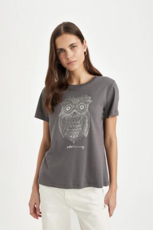 DEFACTO Regular Fit Crew Neck Owl Patterned Combed Cotton Short Sleeve T-Shirt
