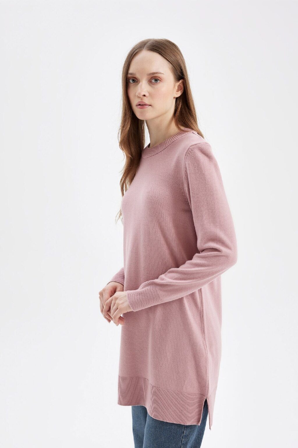 DEFACTO Regular Fit Crew Neck Slit Basic Plain Knitwear Sweater Tunic