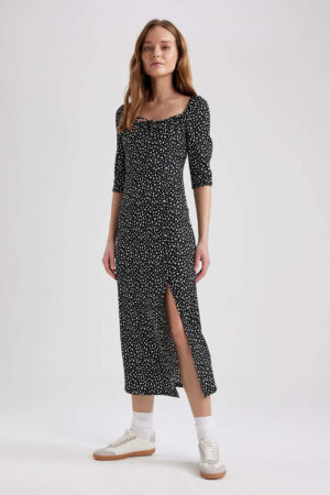 DEFACTO Regular Fit Heart Neck mintás hasított rövid ujjú midi ruha