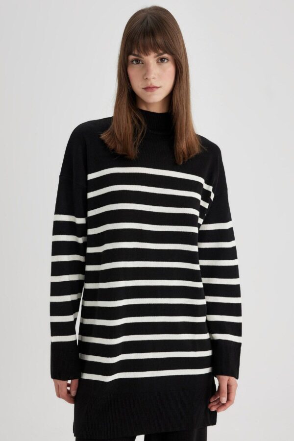 DEFACTO Relax Fit Striped Turtleneck Slit Knitwear Sweater Tunic