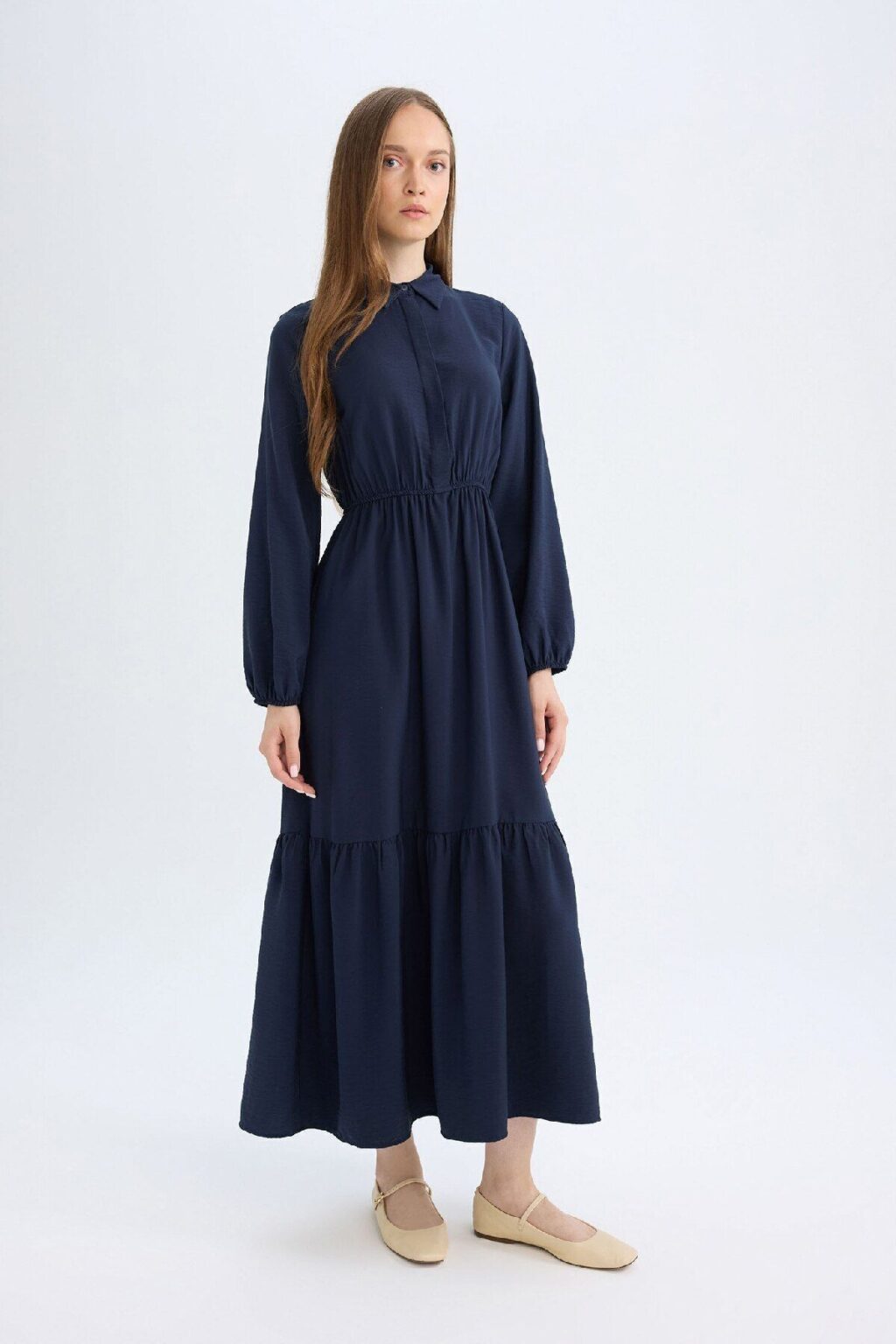 DEFACTO Shirt Collar Basic Plain Buttoned Waist Gathered Long Sleeve Maxi Navy Blue Dress