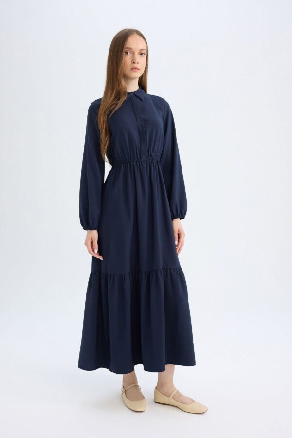 DEFACTO Shirt Collar Basic Plain Buttoned Waist Gathered Long Sleeve Maxi Navy Blue Dress
