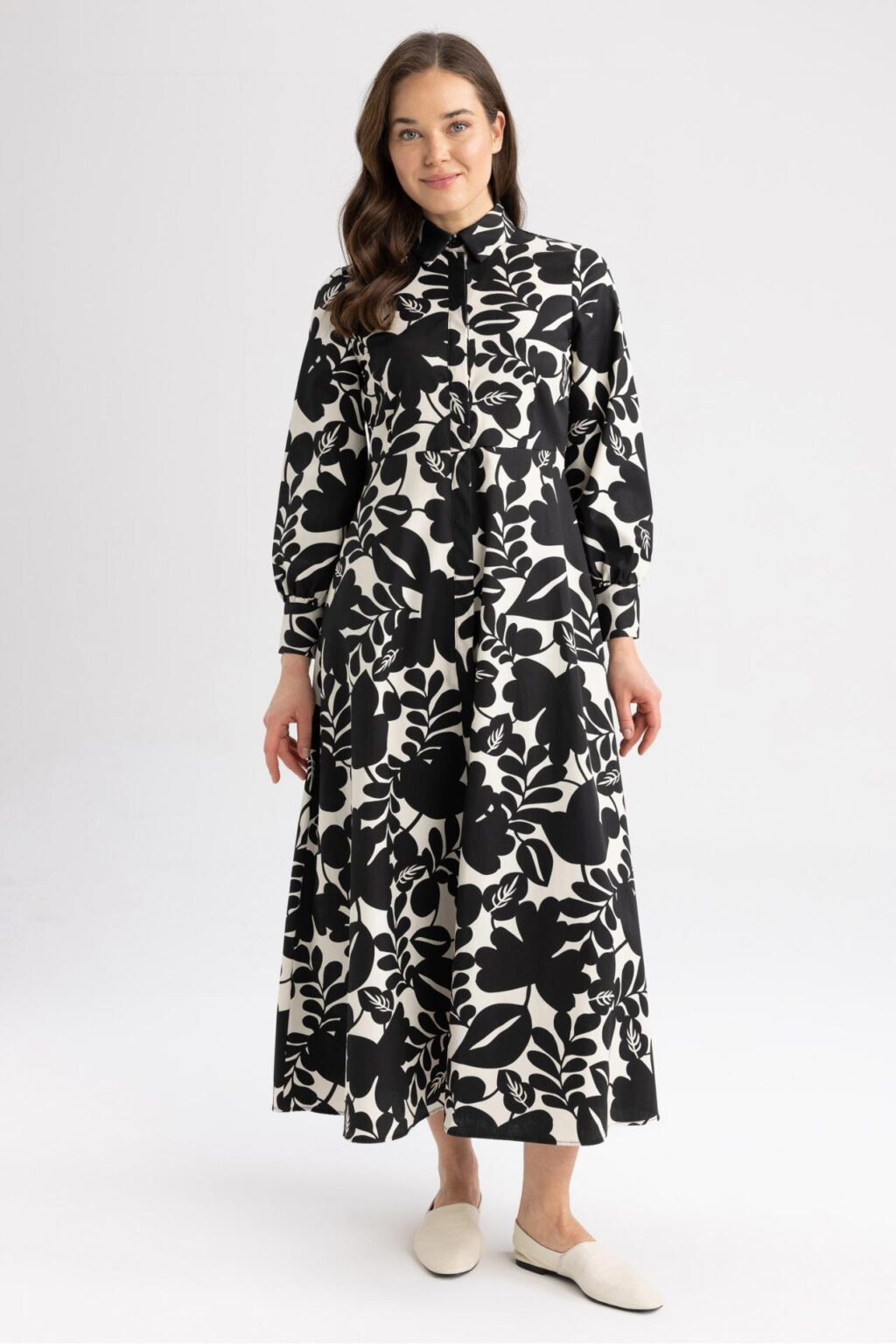 DEFACTO Shirt Collar Floral Poplin Long Sleeve Dress